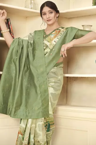 Green wevon jacquard with printed rich silk blend stylish ceremonial saree