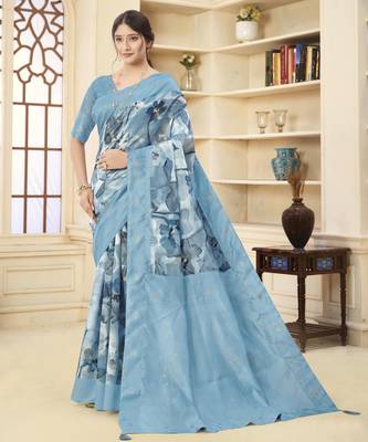 Blue wevon jacquard with printed rich silk blend stylish ceremonial saree 1
