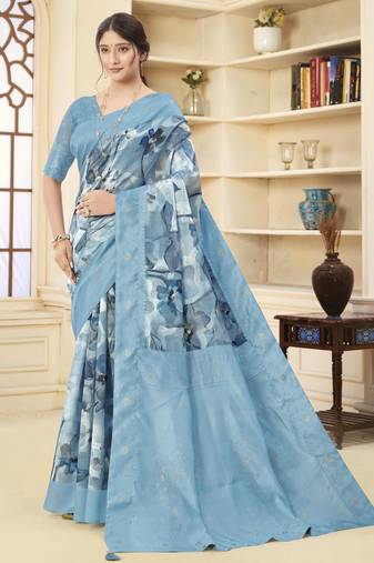 Blue color wevon jacquard designer with printed rich silk fabric stylish ceremonial saree
