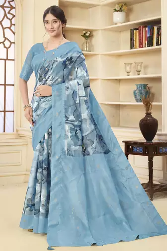 Blue color wevon jacquard designer with printed rich silk fabric stylish ceremonial saree
