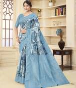 Blue color wevon jacquard with printed rich silk fabric stylish ceremonial saree