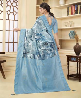 Blue wevon jacquard with printed rich silk blend stylish ceremonial saree 2