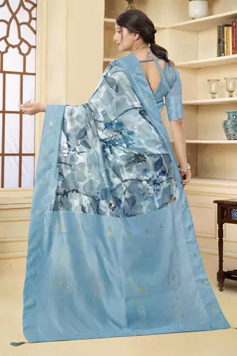 Blue wevon jacquard with printed rich silk blend stylish ceremonial saree