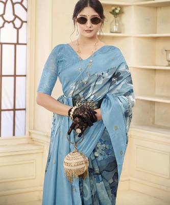 Blue wevon jacquard with printed rich silk blend stylish ceremonial saree 3