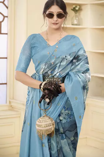 Blue wevon jacquard with printed rich silk blend stylish ceremonial saree