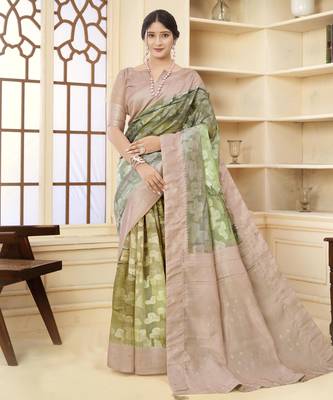 Beige wevon jacquard with printed rich silk blend stylish ceremonial saree 1