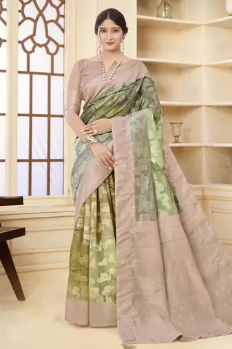 Beige color wevon jacquard designer with printed rich silk fabric stylish ceremonial saree