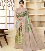 Beige color wevon jacquard with printed rich silk fabric stylish ceremonial saree