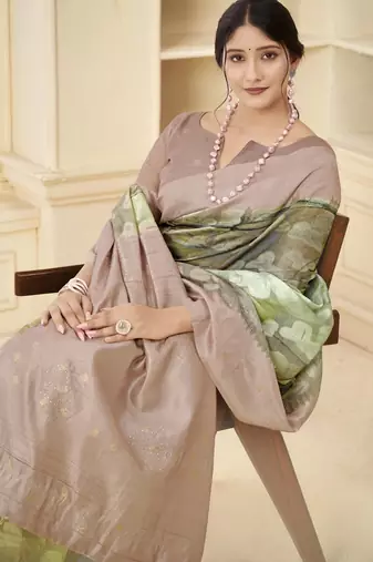Beige wevon jacquard with printed rich silk blend stylish ceremonial saree