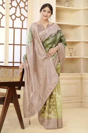 Beige wevon jacquard with printed rich silk blend stylish ceremonial saree