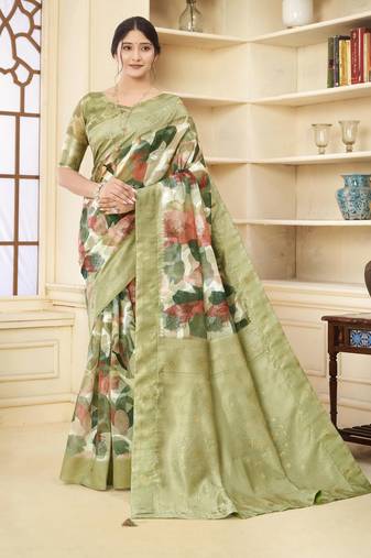 Pista color wevon jacquard designer with printed rich silk fabric stylish ceremonial saree