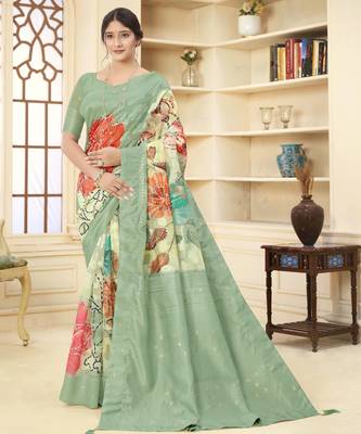 Green wevon jacquard with printed rich silk blend stylish ceremonial saree 1