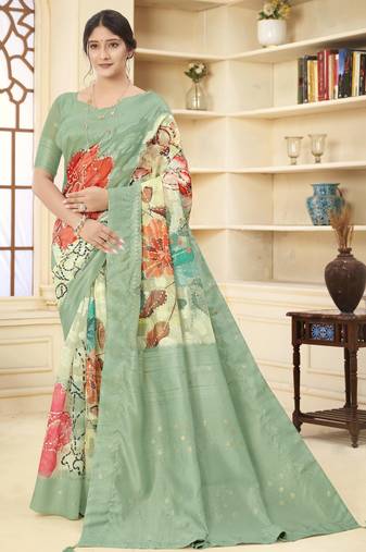 Green color wevon jacquard designer with printed rich silk fabric stylish ceremonial saree