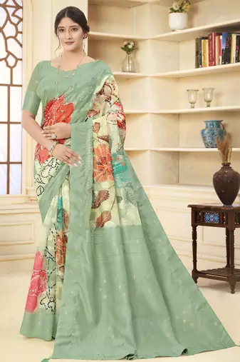 Green color wevon jacquard designer with printed rich silk fabric stylish ceremonial saree