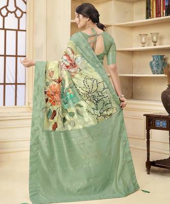 Green wevon jacquard with printed rich silk blend stylish ceremonial saree 2