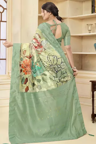 Green wevon jacquard with printed rich silk blend stylish ceremonial saree