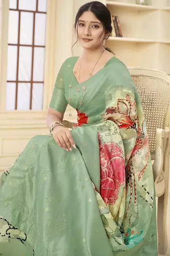 Green wevon jacquard with printed rich silk blend stylish ceremonial saree