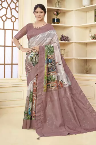 Brown color wevon jacquard designer with printed rich silk fabric stylish ceremonial saree
