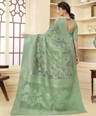 Green wevon jacquard with printed rich silk blend stylish ceremonial saree 2
