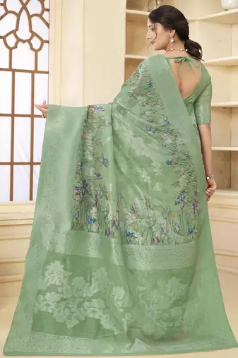 Green wevon jacquard with printed rich silk blend stylish ceremonial saree