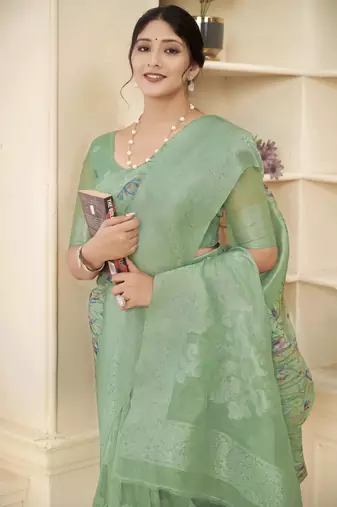 Green wevon jacquard with printed rich silk blend stylish ceremonial saree