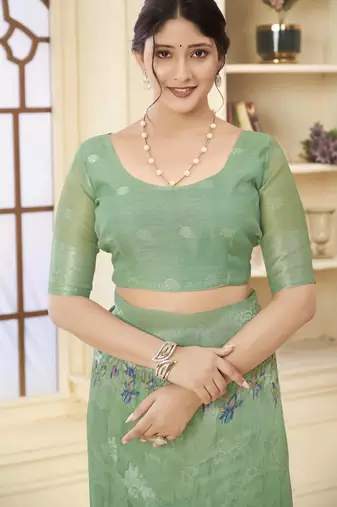 Green wevon jacquard with printed rich silk blend stylish ceremonial saree
