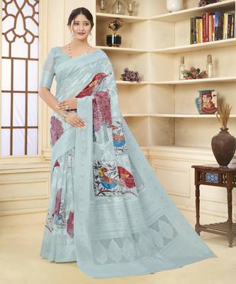 Sky blue wevon jacquard with printed rich silk blend stylish ceremonial saree 1