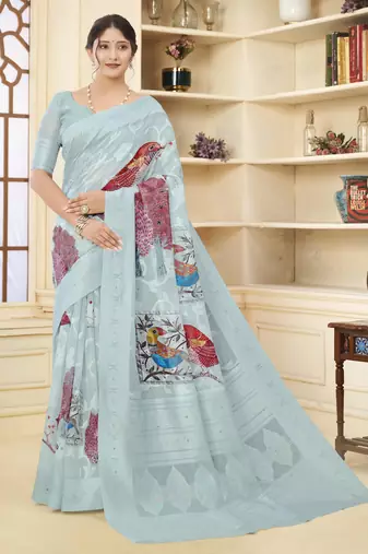 Sky blue color wevon jacquard designer with printed rich silk fabric stylish ceremonial saree