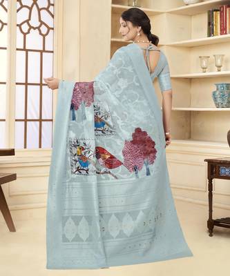 Sky blue wevon jacquard with printed rich silk blend stylish ceremonial saree 2