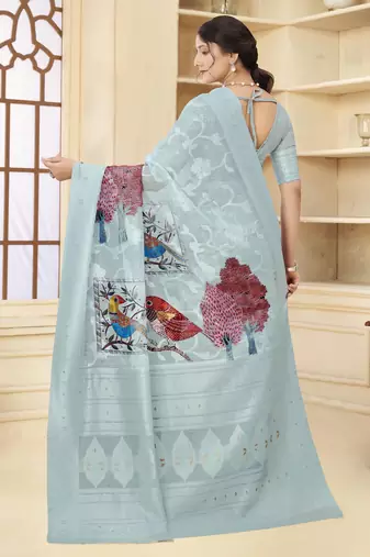 Sky blue wevon jacquard with printed rich silk blend stylish ceremonial saree