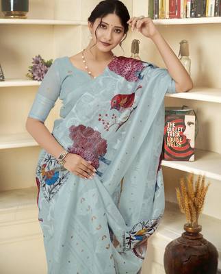 Sky blue wevon jacquard with printed rich silk blend stylish ceremonial saree 3