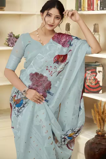 Sky blue wevon jacquard with printed rich silk blend stylish ceremonial saree