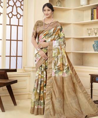 Brown wevon jacquard with printed rich silk blend stylish ceremonial saree 1