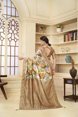 Brown wevon jacquard with printed rich silk blend stylish ceremonial saree 2