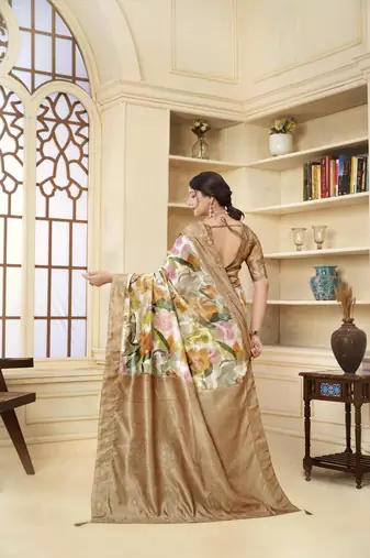 Brown wevon jacquard with printed rich silk blend stylish ceremonial saree