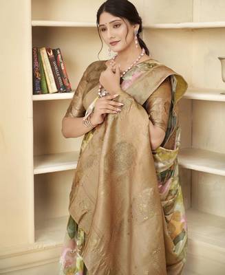 Brown wevon jacquard with printed rich silk blend stylish ceremonial saree 3