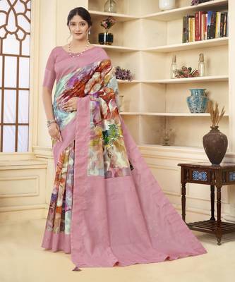 Pink wevon jacquard with printed rich silk blend stylish ceremonial saree 1