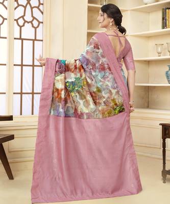 Pink wevon jacquard with printed rich silk blend stylish ceremonial saree 2