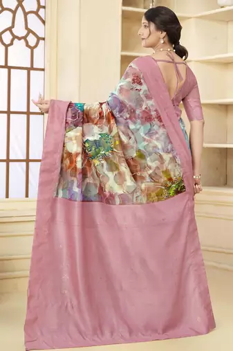Pink wevon jacquard with printed rich silk blend stylish ceremonial saree