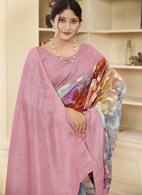 Pink wevon jacquard with printed rich silk blend stylish ceremonial saree 3
