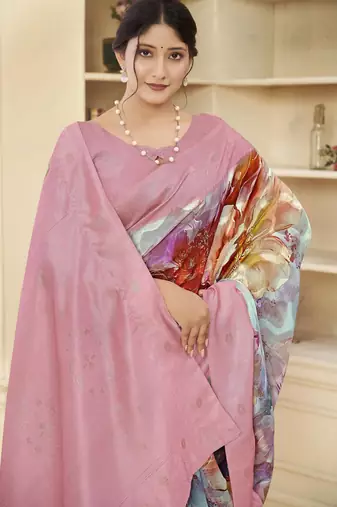 Pink wevon jacquard with printed rich silk blend stylish ceremonial saree