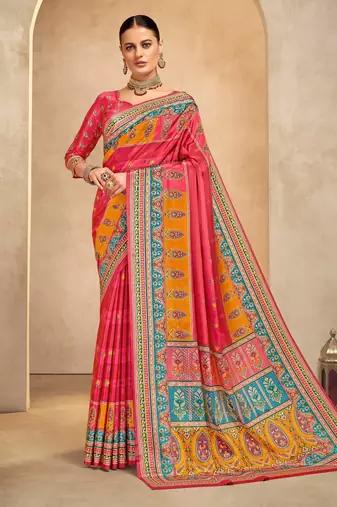 Gajri color crepe silk fabric digital foil printed saree