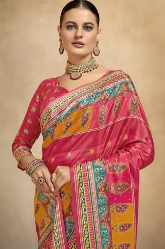 Gajri crepe silk blend digital foil printed saree