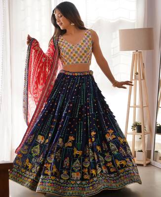 Blue Lehenga Choli Set with Thread & Sequence Work  3
