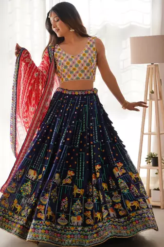 Blue Lehenga Choli Set with Thread & Sequence Work 