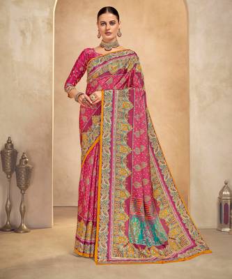 Pink crepe silk blend digital foil printed saree 1