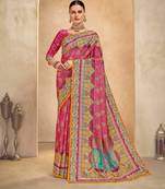 Pink color crepe silk fabric digital foil printed saree