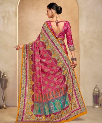 Pink crepe silk blend digital foil printed saree 2
