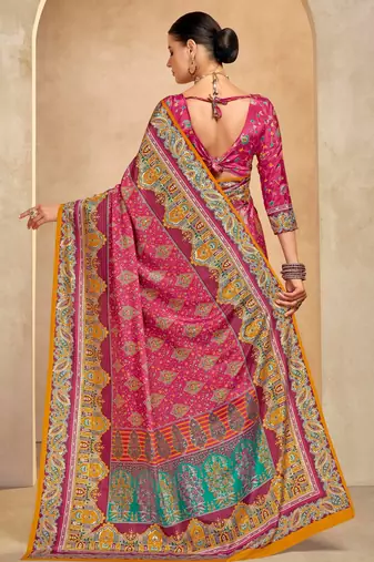 Pink crepe silk blend digital foil printed saree