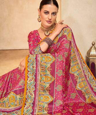 Pink crepe silk blend digital foil printed saree 3